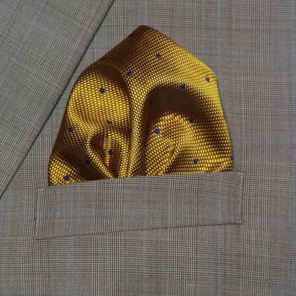 NEW Gascoigne Pocket Square Gold Navy Blue Polka Dots Men's